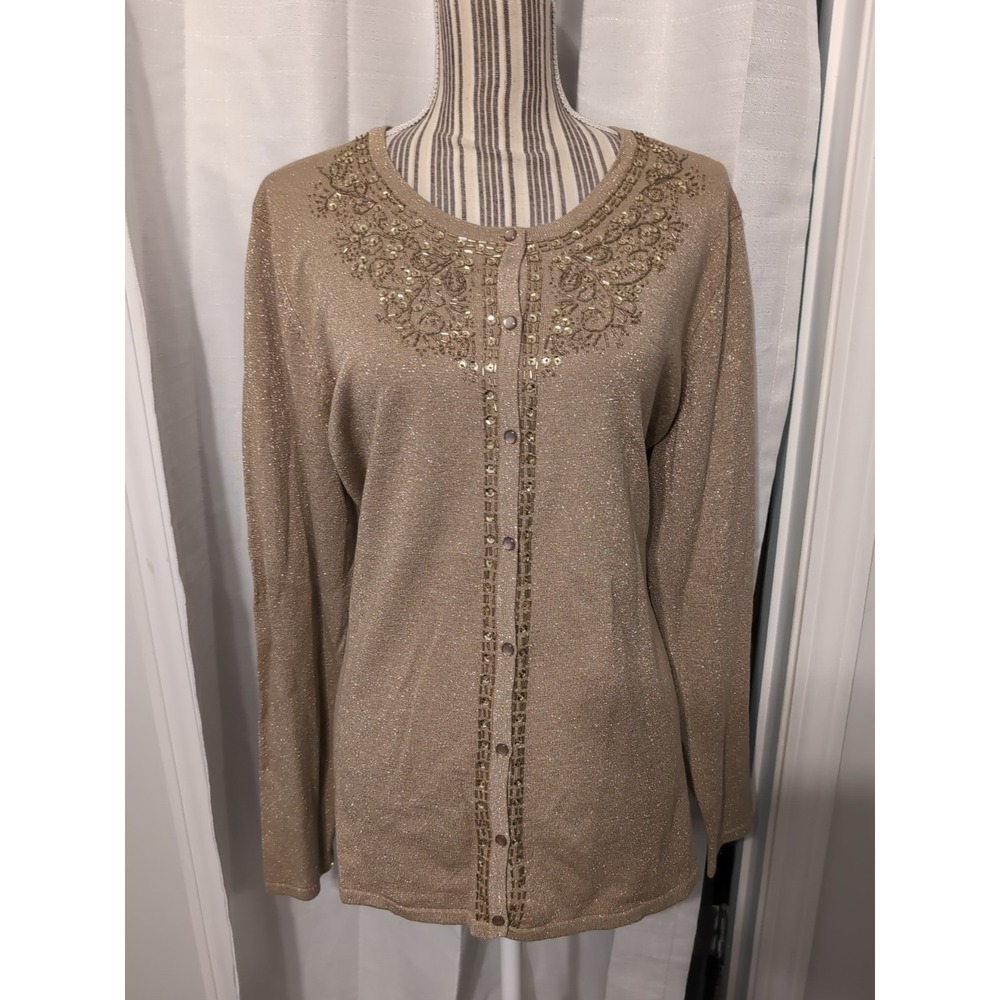 NWT Vintage Jaclyn Smith Gold Shimmer Hand Beaded Cardigan Sweater Size XL‎
